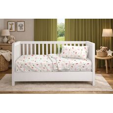 Dimcol Σεντόνια Εμπριμέ Σετ 3 τεμ bebe Happy Safari 712 120X160 White-Pink 100% Cotton