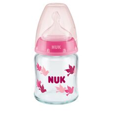 NUK First Choice Plus Μπιμπερό Γυάλινο Σιλικόνης 120ml Ροζ  Με Δείκτη Ελέγχου Θερμοκρασίας
