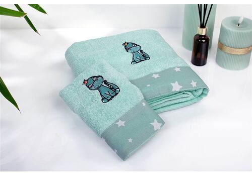 Dimcol Πετσέτα Με Κέντημα Σετ 2 τεμ bebe Dinosaur 182 30X50,70X140 Mint 100% Cotton