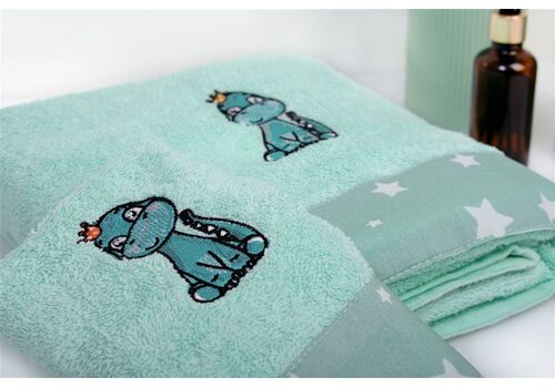 Dimcol Πετσέτα Με Κέντημα Σετ 2 τεμ bebe Dinosaur 182 30X50,70X140 Mint 100% Cotton