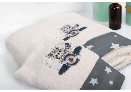 Σετ βρεφικές πετσέτες 2τμχ Aviator 185 30X50,70X140 Ecru-Grey 100% Cotton