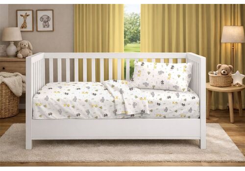 Dimcol Κατωσέντονο Με Λάστιχο bebe Happy Safari 713 0,70X1,40X0,15 White-Grey 100% Cotton