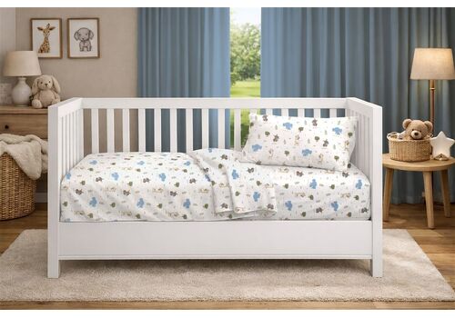 Dimcol Σεντόνια Εμπριμέ Σετ 3 τεμ bebe Happy Safari 711 120X160 White-Sky Blue 100% Cotton