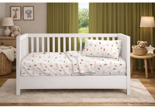 Dimcol Σεντόνια Εμπριμέ Σετ 3 τεμ bebe Happy Safari 712 120X160 White-Pink 100% Cotton