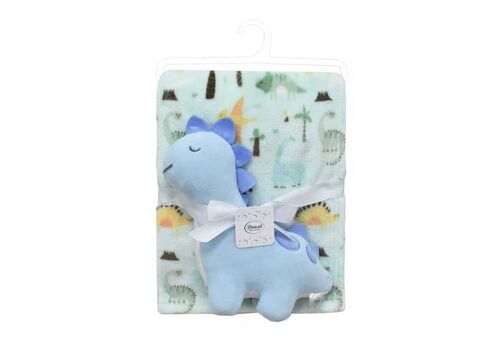 Λούτρινο Ζωάκι Σετ 2 Τεμ. bebe Dinosaur 22 Ύψος 25 cm & Εμπριμέ Κουβέρτα Coral Fleece 75x100 cm Sky Blue