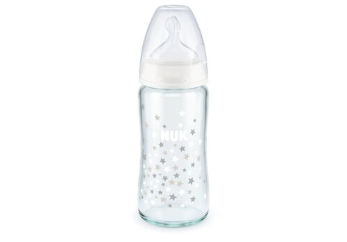 NUK First Choice Plus Μπιμπερό Γυάλινο Σιλικόνης 240ml White  Με Δείκτη Ελέγχου Θερμοκρασίας