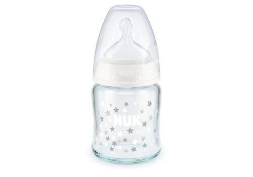 NUK First Choice Plus Μπιμπερό Γυάλινο Σιλικόνης 120ml White  Με Δείκτη Ελέγχου Θερμοκρασίας