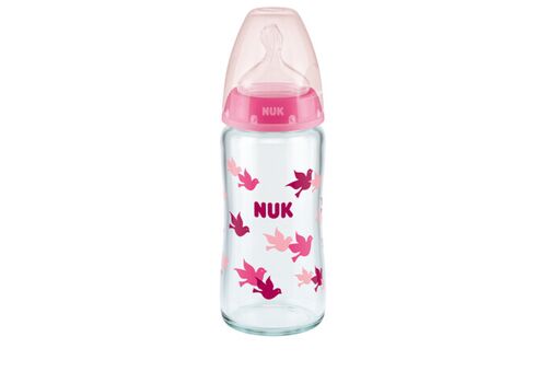 NUK First Choice Plus Μπιμπερό Γυάλινο Σιλικόνης 240ml  Ροζ Με Δείκτη Ελέγχου Θερμοκρασίας