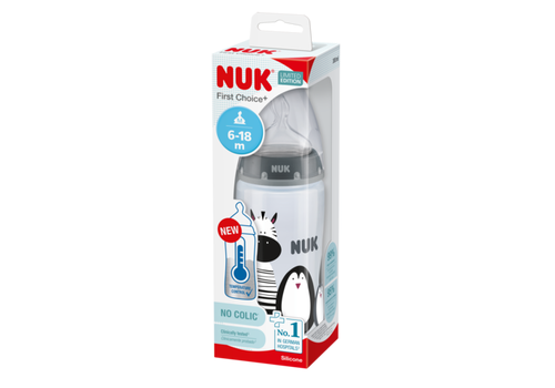 NUK Monochrome Animals First Choice Plus Σιλικονης 0-6 Μπιμπερό 300ml με Δείκτη Ελέγχου Θερμοκρασίας
