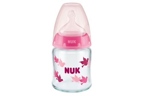 NUK First Choice Plus Μπιμπερό Γυάλινο Σιλικόνης 120ml Ροζ  Με Δείκτη Ελέγχου Θερμοκρασίας