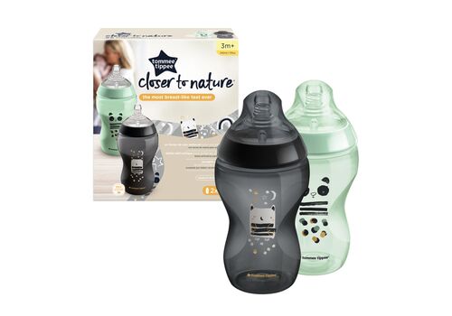 Tommee Tippee Πλαστικό Μπιμπερό Closer to Nature Κατά των Κολικών με Θηλή Σιλικόνης 340ml για 3+ μηνών 2τμχτμχ Μαύρο - Πράσινο Panda & Owl